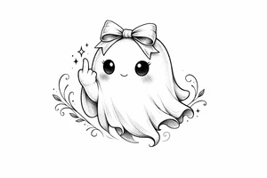 Cute ghost in a bow, giving the bird, soft anime style shading. tattoo idea
