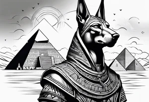 Strict Anubis portrait with pyramids on the background tattoo idea