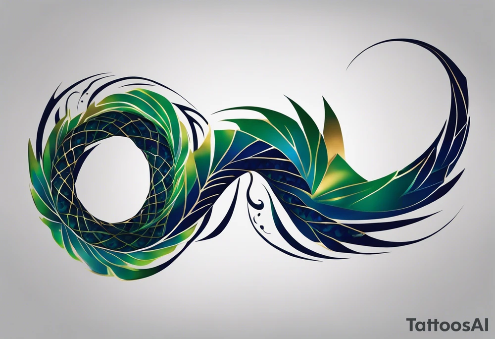 Geometric Tattoo: An epic with no wings, floating. Its long body coiling dynamically, with scales and horns detailed to create a sense of movement and strength. The dragon's main color is midnight blue but features little accents in green, blue, and gold, giving a vibrant depth and a mystical aura. This tattoo highlights the dragon’s fierce expression and sharp claws as it wraps protectively around the leg. Style: Geometric tattoo idea
