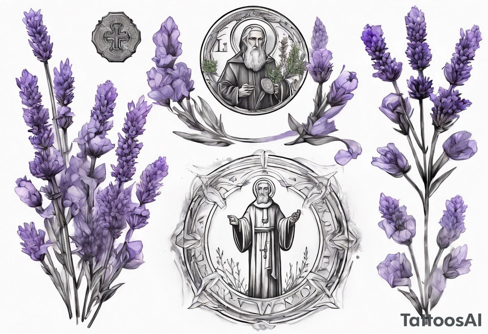 Double exposure of lavender flowers with the Saint Benedict medal, for a tattoo tattoo idea