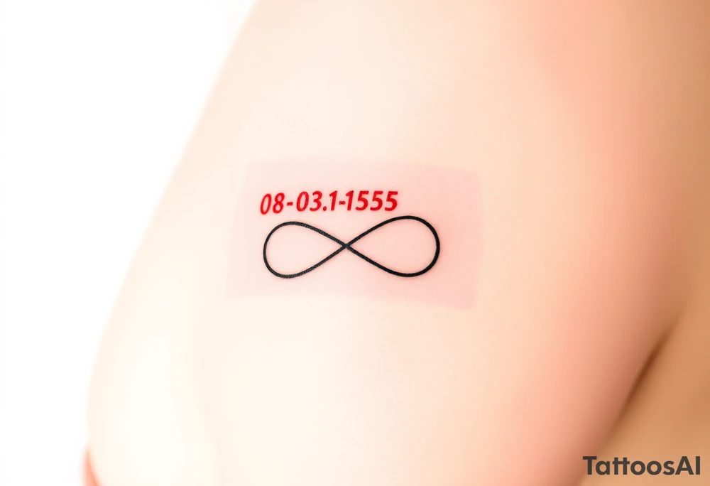 Quero uma tatuagem no antebraço, simples e elegante. O design deve começar com a data de nascimento do meu avô 08-03-1955escrita em vermelho, seguida de um símbolo de infinito em branco, com uma leve sombra ao redor para destacá-lo. O símbolo de infinito deve continuar numa linha reta, como se fosse um infinito sem fim. A linha deve ser discreta e uniforme, mantendo um estilo minimalista. tattoo idea