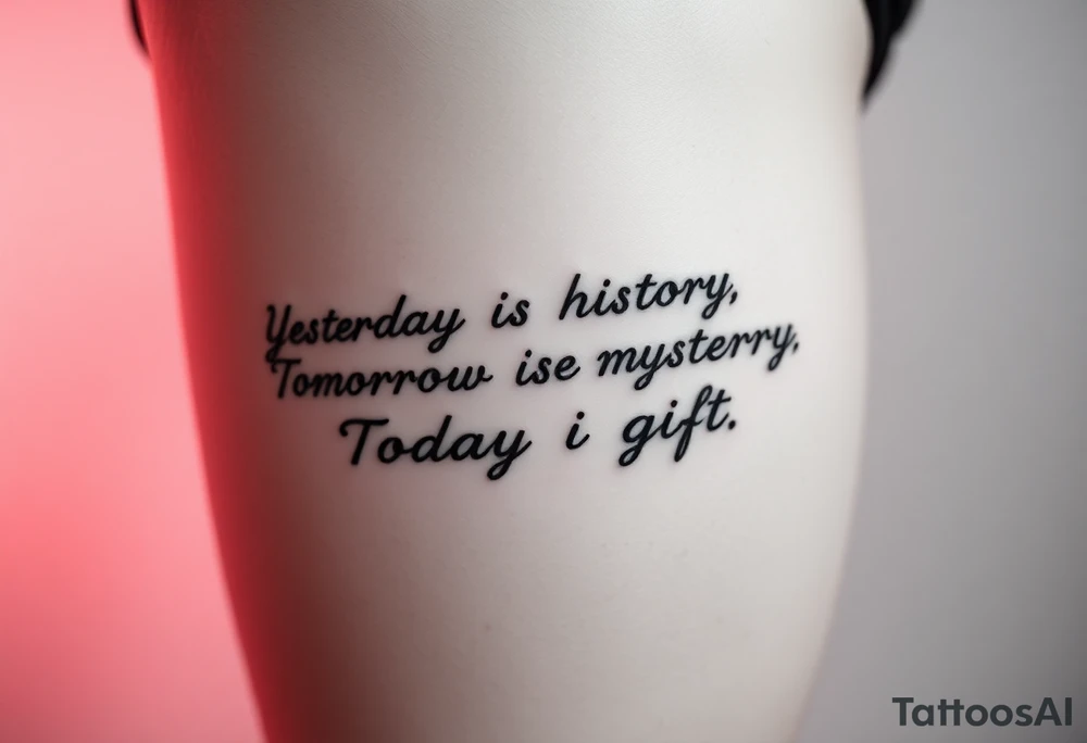 Yesterday is history.
Tomorrow is a mystery.
Today is a gift.
On thigh tattoo idea