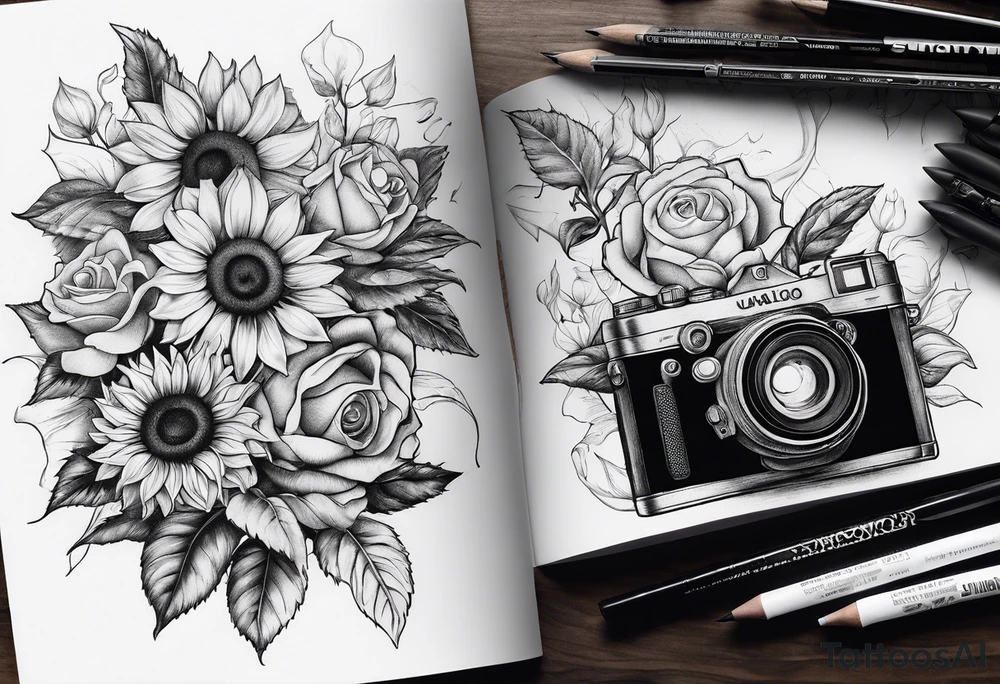 sunflower, camera, flower rose , book tattoo idea