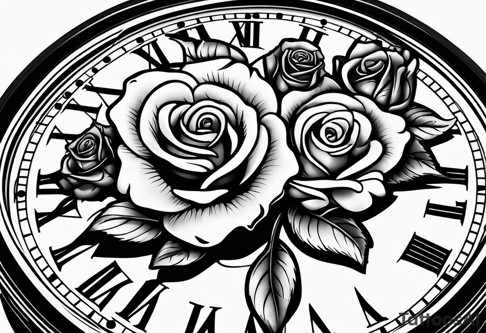 Pocket clock with chain and roses tattoo idea