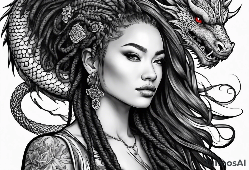 Red dragon behind woman with dreadlocks tattoo idea Red dragon behind woman with dreadlocks tattoo idea