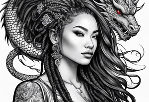 Red dragon behind woman with dreadlocks tattoo idea