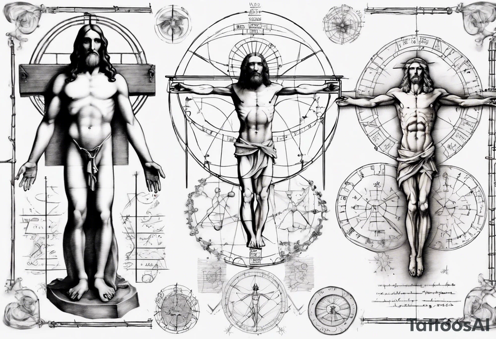 Leonardo da Vinci, Vitruvian man  and Jesus combined with emphasis on math and physics tattoo idea