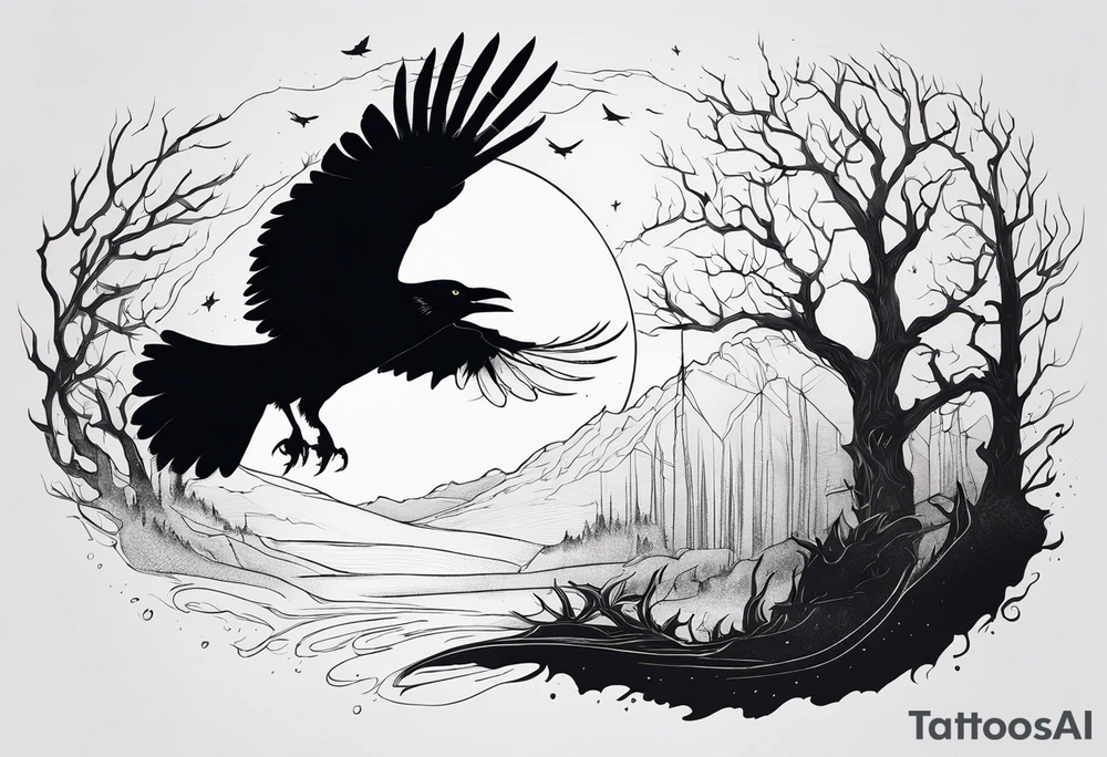 a scary black raven landing on the back of a wolf tattoo idea