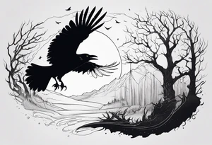 a scary black raven landing on the back of a wolf tattoo idea
