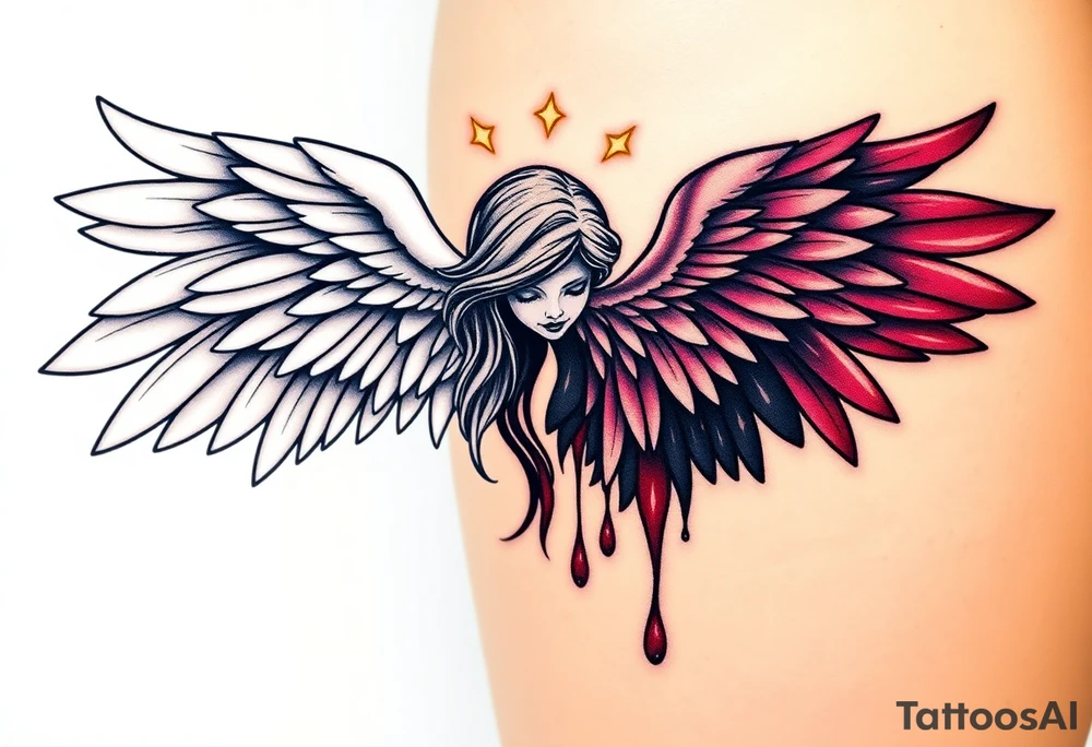 Seraphim angel, with brilliant white wings that shine with golden accents and divine light, is contrasted with a fallen angel, whose wings are tattered and darkened with deep purples, reds, and blacks, dripping with sorrowful tears of blood. tattoo idea