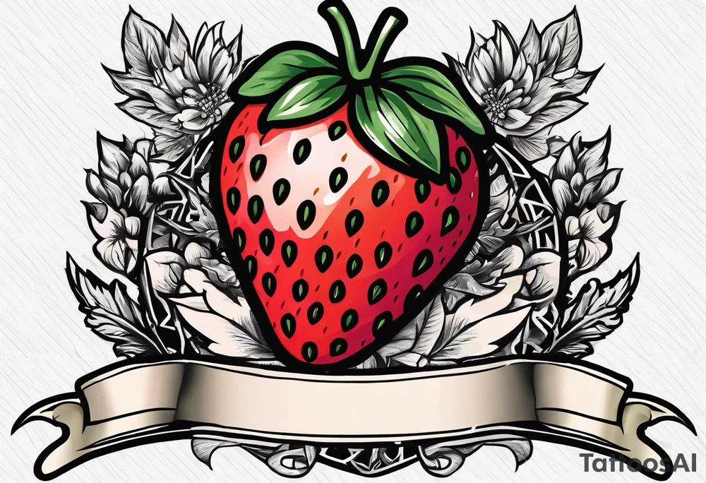 Simple strawberry with banner around it tattoo idea
