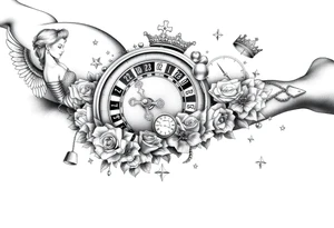 Roulette casino and princess and cross, baby angels, roses and clock and stars and fish, crown tattoo idea