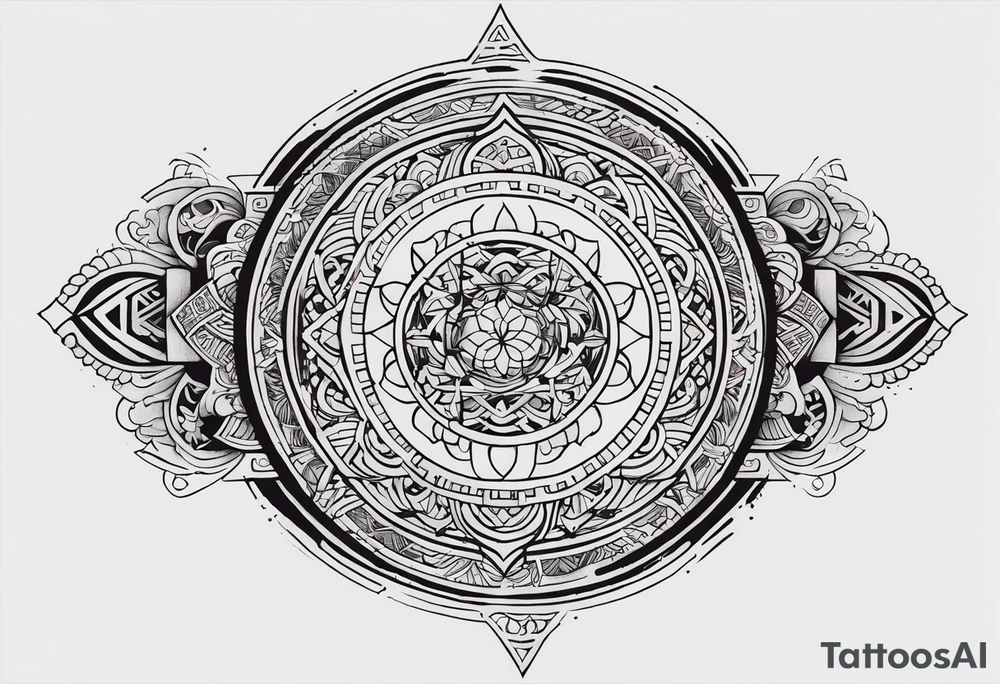 A half-and-half tattoo design, where one half features intricate geometric and mystical symbols inspired by Doctor Strange, with detailed line work or tribal patterns. The other half could integrate another element, such as a philosophical word from Asian languages, adding depth and personal meaning. The design balances mystical symbols with reflective, life-oriented themes tattoo idea