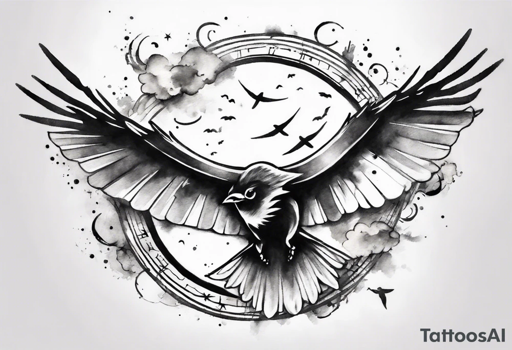 a shoulder round shape tattoo with lots of rays of light in gradient starting from the middle, birds flying free between clouds tattoo idea
