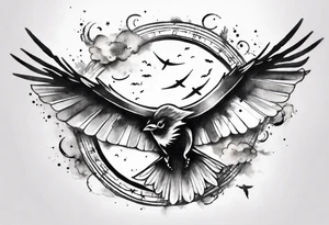a shoulder round shape tattoo with lots of rays of light in gradient starting from the middle, birds flying free between clouds tattoo idea