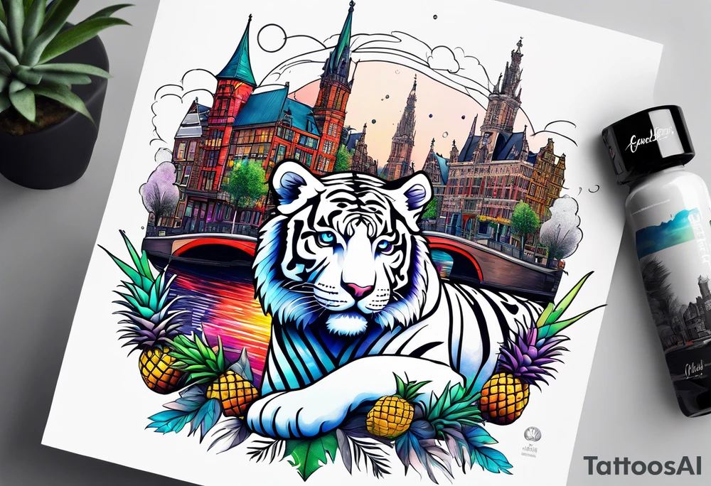 White tiger and pineapples featuring Amsterdam buildings and canal in galaxy colours tattoo idea