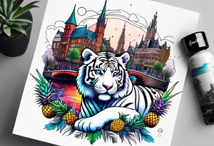 White tiger and pineapples featuring Amsterdam buildings and canal in galaxy colours tattoo idea