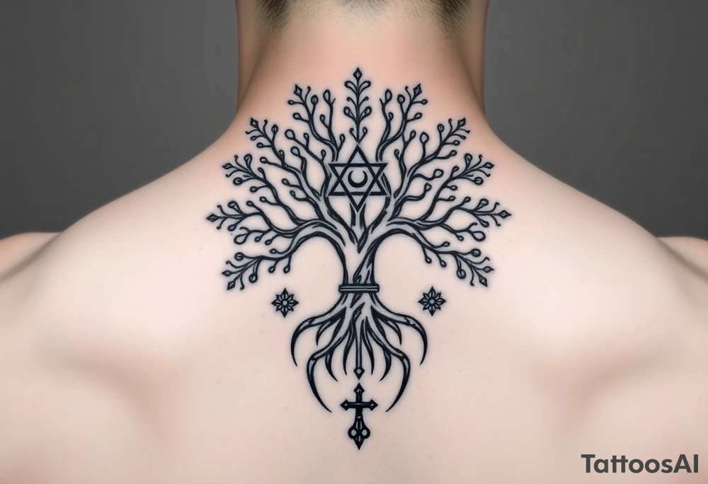 geometrical mystical tree of life with the star of David and cross cosmic roots and celestial symbols branches with HIV-positive symbol tattoo idea