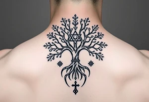 geometrical mystical tree of life with the star of David and cross cosmic roots and celestial symbols branches with HIV-positive symbol tattoo idea