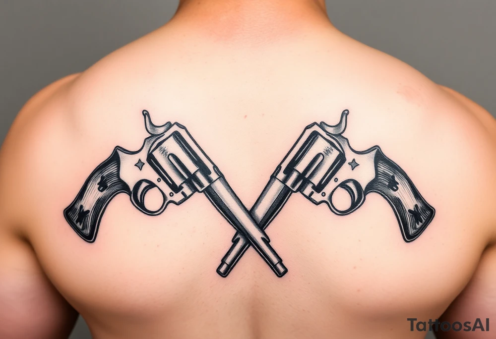 2 revolvers with wooden handles crossing pointing down tattoo idea