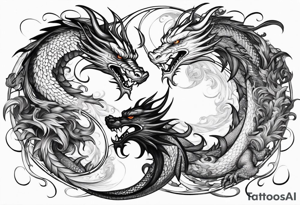 Ying yang dragons in a swirl fighting eachother , with full bodies tattoo idea