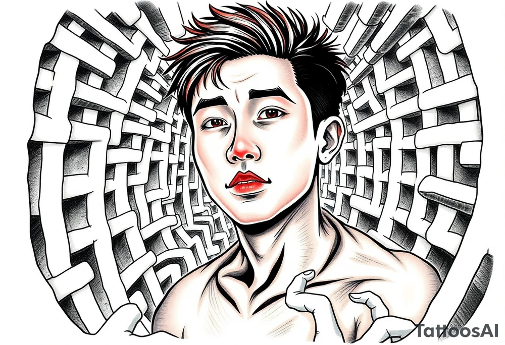 Handsome Asian young guy lost in a scary labyrinth tattoo idea