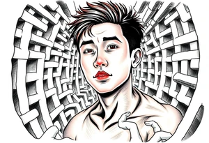 Handsome Asian young guy lost in a scary labyrinth tattoo idea