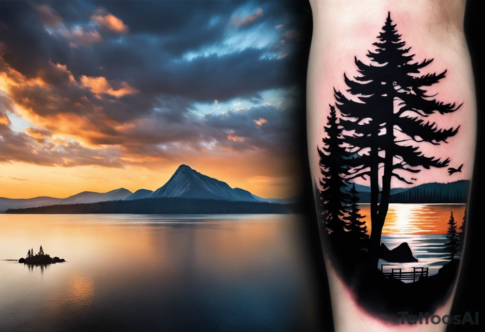 Sleeve tattoo windswept pine tree before lake with low hills on far side of lake. Mastiff silhouette in the foreground. with a dock coming out from the shore. Canadian shield. 
Include the words: "If the sun refused to shine
I would still be loving you
When mountains crumble to the sea
There will still be you and me" tattoo idea