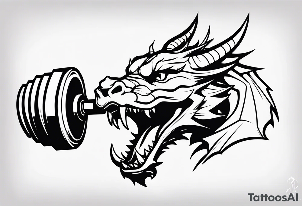 Dragon biting a dumbbell tattoo idea