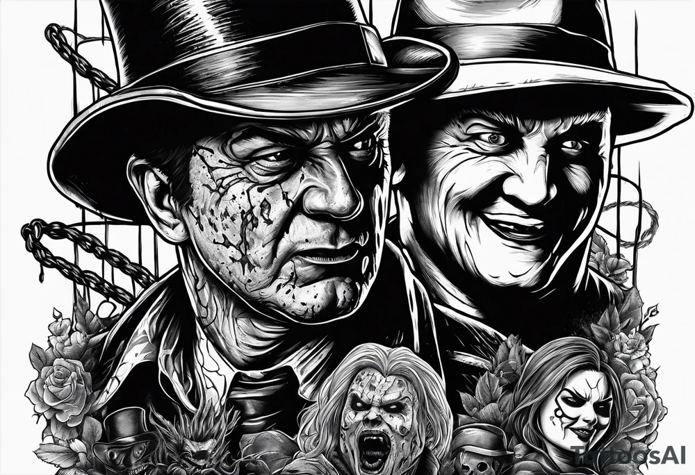 Horror design with a noose, Freddy Kruger, Jason, chucky, and scream tattoo idea