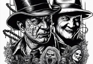 Horror design with a noose, Freddy Kruger, Jason, chucky, and scream tattoo idea