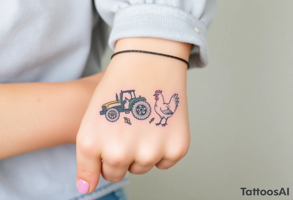 A bracelet that includes a very small tractor and bouquet flowers and a chicken tattoo idea