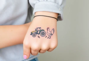 A bracelet that includes a very small tractor and bouquet flowers and a chicken tattoo idea