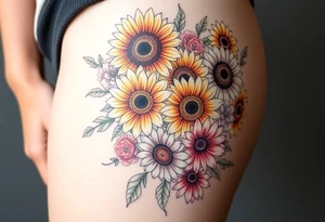 Bouquet of sunflowers, water Lillies, dahlias, marigolds, carnations, hydrangeas, daisys, and chrysanthemums tattoo idea