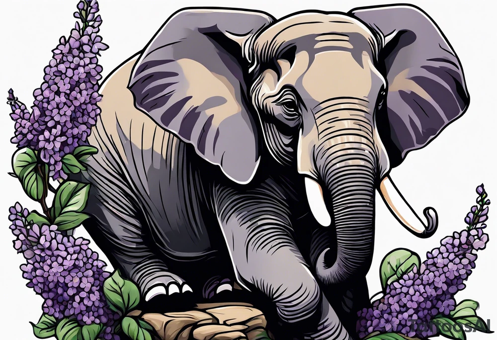 Seated elephant holding lilacs in trunk tattoo idea