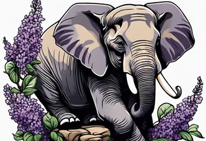 Seated elephant holding lilacs in trunk tattoo idea