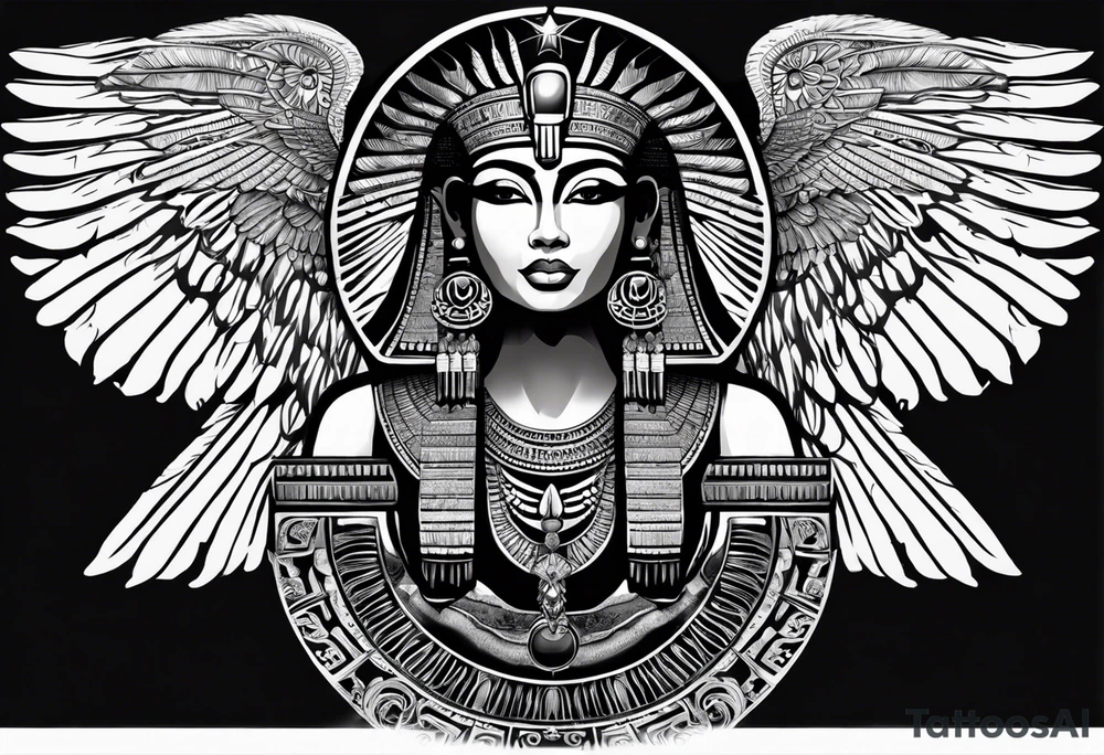 black and white Egyptian goddess Isis, who is often depicted as a woman with outstretched wings, holding an ankh (a symbol of life) in one hand and a lotus flower in the other. Her headdress often includes a throne or a solar disk. The tattoo design can vary in style and size, but it typically aims to capture the essence of this revered Egyptian deity, emphasizing her beauty, power, and maternal qualities. The choice of colors and additional elements can also be customized to create a unique and visually striking representation of the goddess Isis tattoo idea
