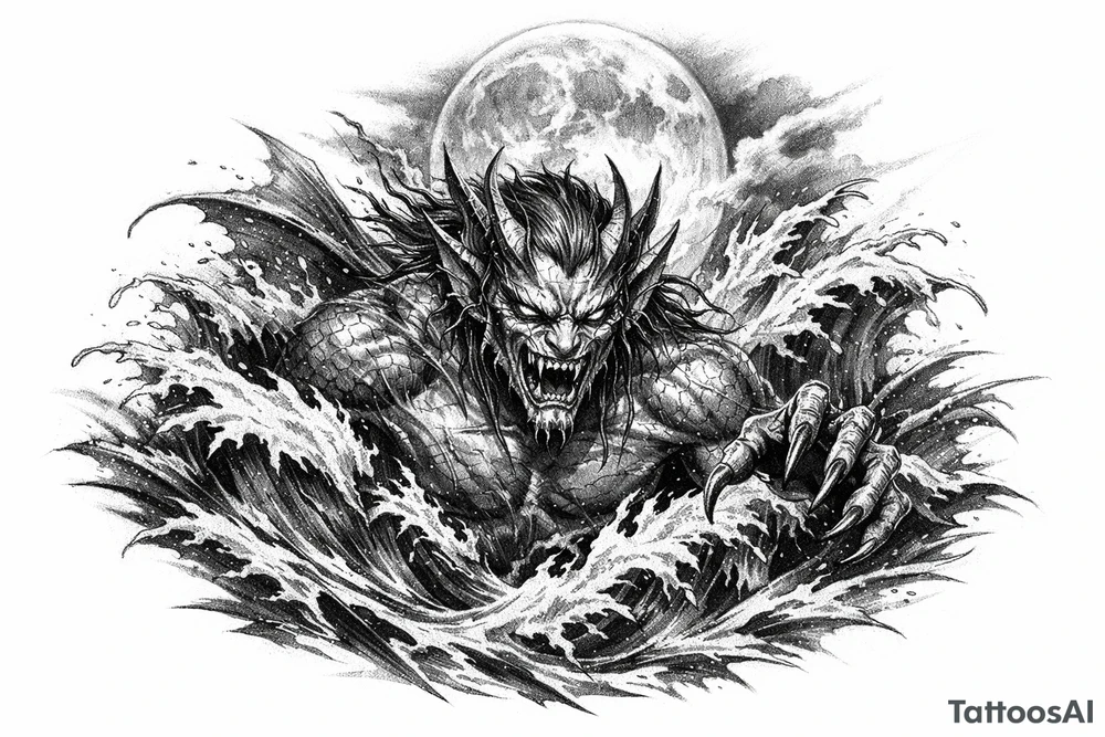 water-demon,waves,full moon. tattoo idea