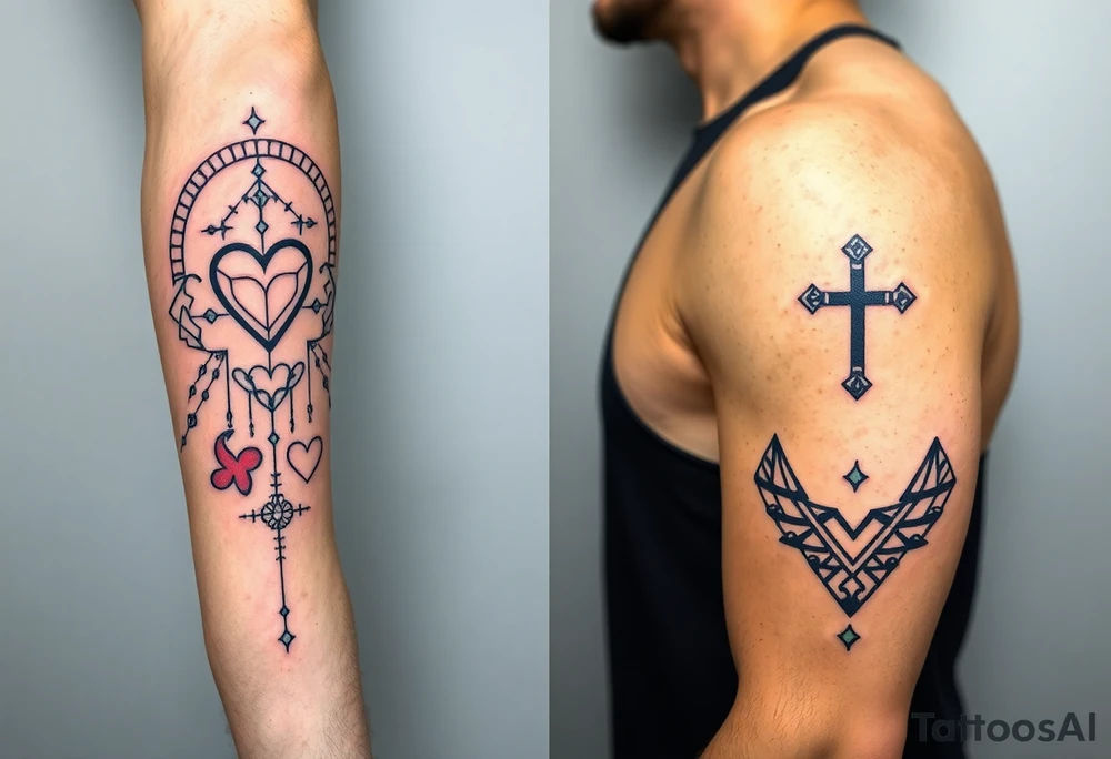 Cover right arm from shoulder to elbow, front and back.
Style is geométricas and tribal. Include healthy and wellness symbols, making a connection between the symbols. Include hearts and names of son and daughter small hidden in the symbols: Isabela, Gabriel, Laura.
Include cross tattoo idea