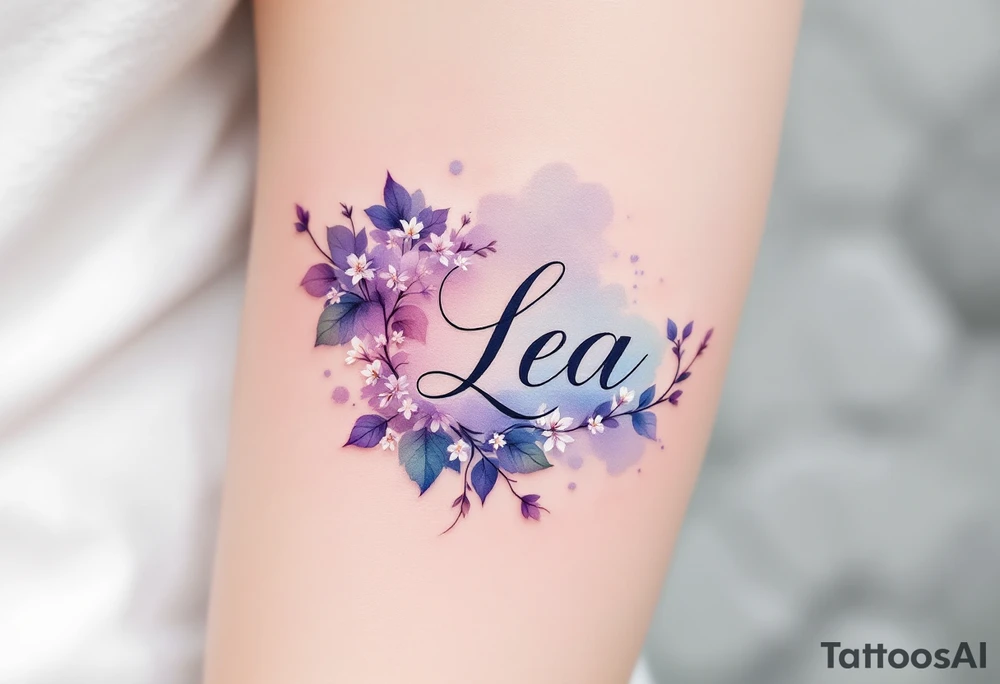 Lea name written in elegant script, surrounded by delicate lilac vines with small white blossoms. tattoo idea