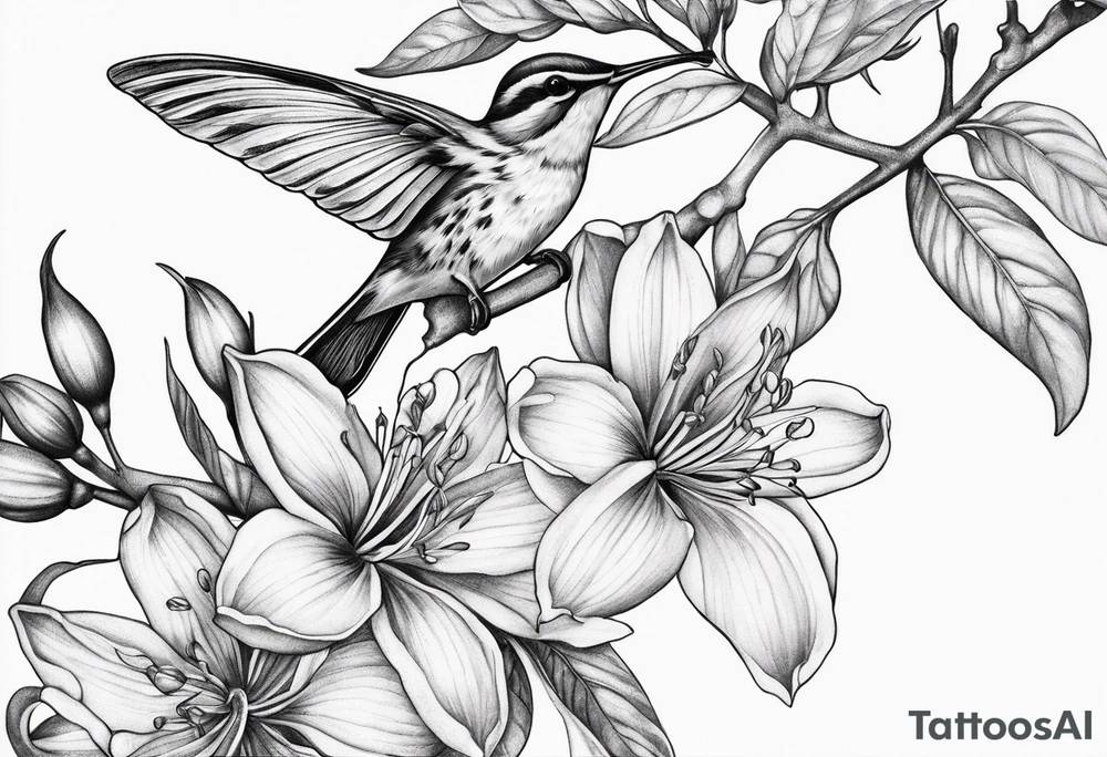 Botanical upper arm tattoo with natural and realistic looking honeysuckle with a long tailed tit perched on it tattoo idea