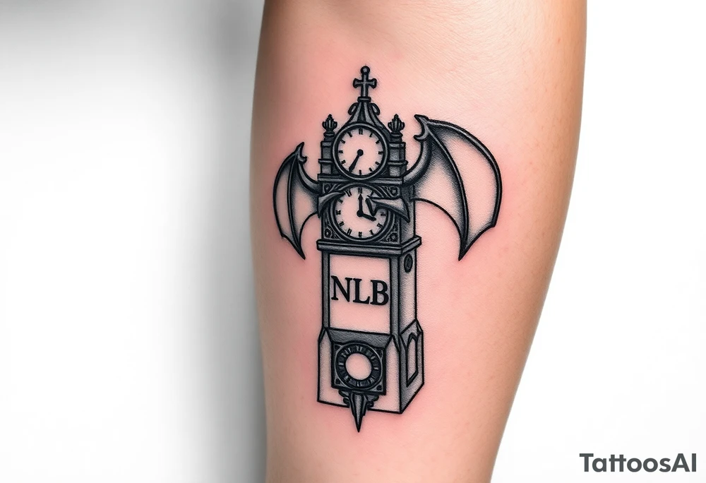 Demon baby clock tower with the the word NLB tattoo idea