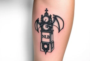 Demon baby clock tower with the the word NLB tattoo idea