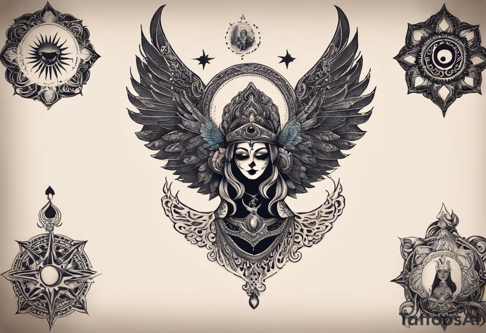 black kali, goddess pirate, alien, angel, pachamama, valkrye, warrior, flying, skull, lotus azul, wing, eagle, zenza resonance, stars, 5D, anahata chakra, death, durga, riding on a tiger, flying lady, kundalini, chest tatoo tattoo idea