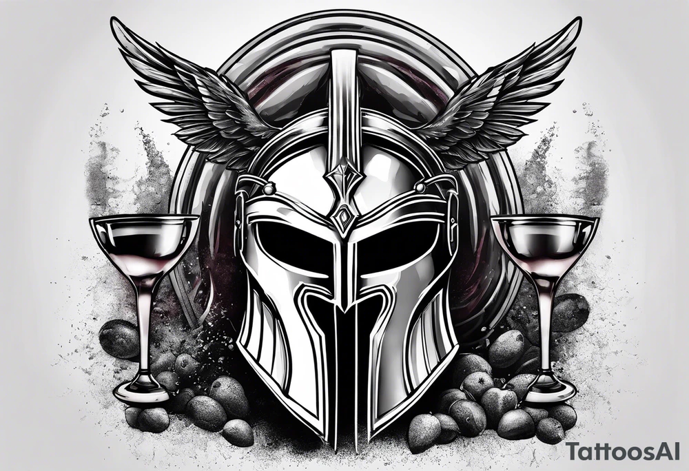 Create a faceless Spartan warrior helmet image with weight and below with a flying owl holding an old wine goblet and an hourglass with sand falling from it. tattoo idea