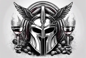 Create a faceless Spartan warrior helmet image with weight and below with a flying owl holding an old wine goblet and an hourglass with sand falling from it. tattoo idea