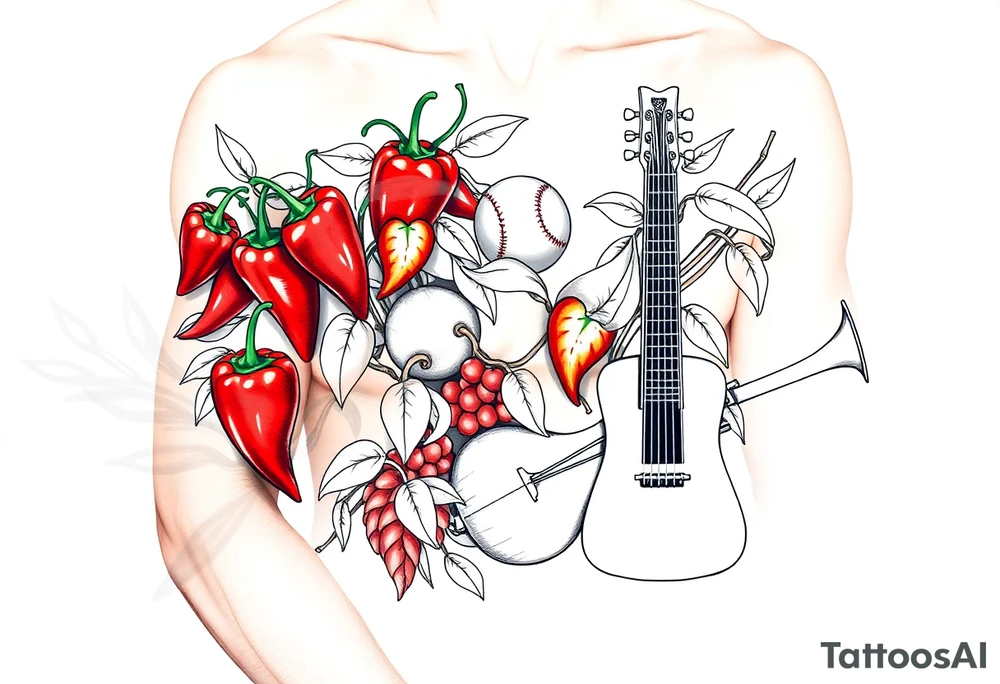Super hot pepper plants, hot sauce, baseball, acoustic guitar, trumpet, with a gardening background tattoo idea