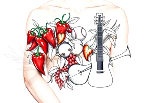 Super hot pepper plants, hot sauce, baseball, acoustic guitar, trumpet, with a gardening background tattoo idea