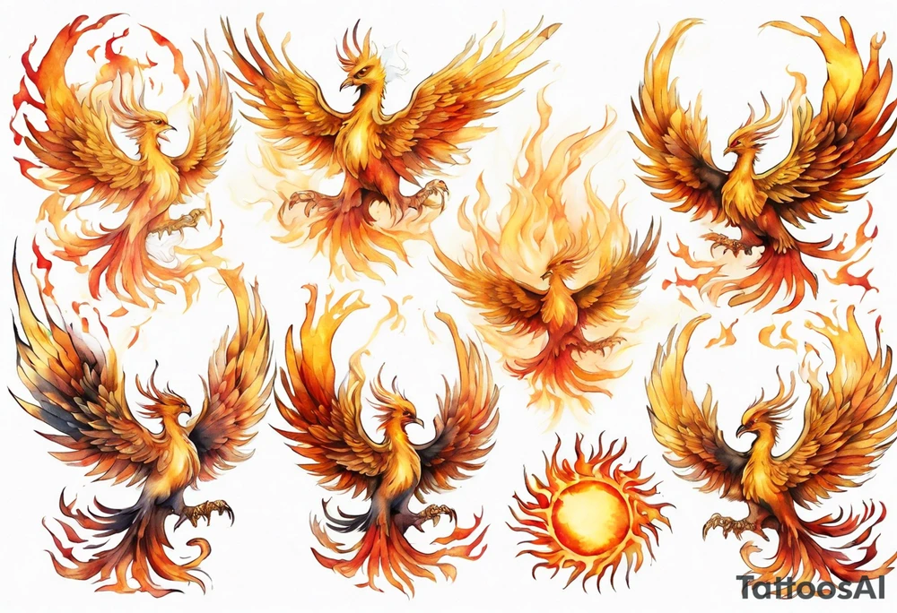 a golden phoenix surrounded by the flames of the sun tattoo idea