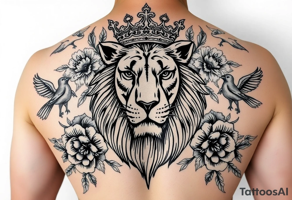 powerful majestic lion with a crown, surrounded by floral ornaments and birds tattoo idea